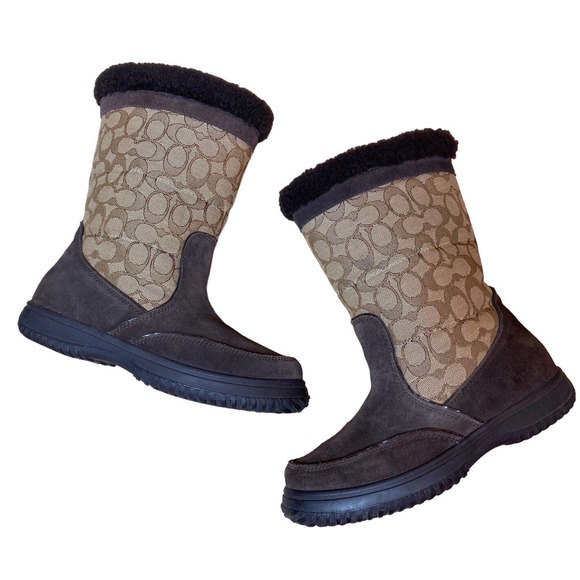 Coach Women’s Size 8B Khaki Signature C/ Chestnut Brown Suede ‘Sherman’ Boots. - Picture 1 of 14